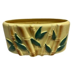 Vintage Royal Copley Bamboo Planter Yellow Green Leaves MCM